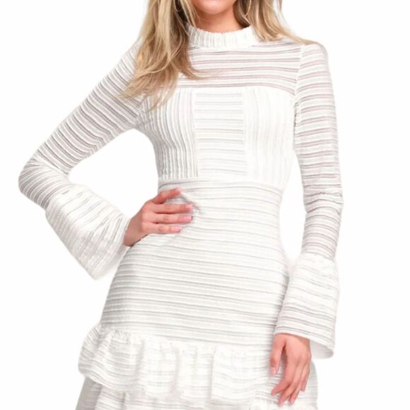 Lulus For Always White Ruffled Long Sleeve Dress! Cool, ruffled, ribbed knit is - Picture 2 of 10